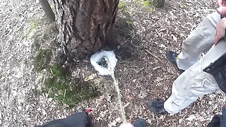 boys pissing together a big foamy puddle readily obtainable a tree